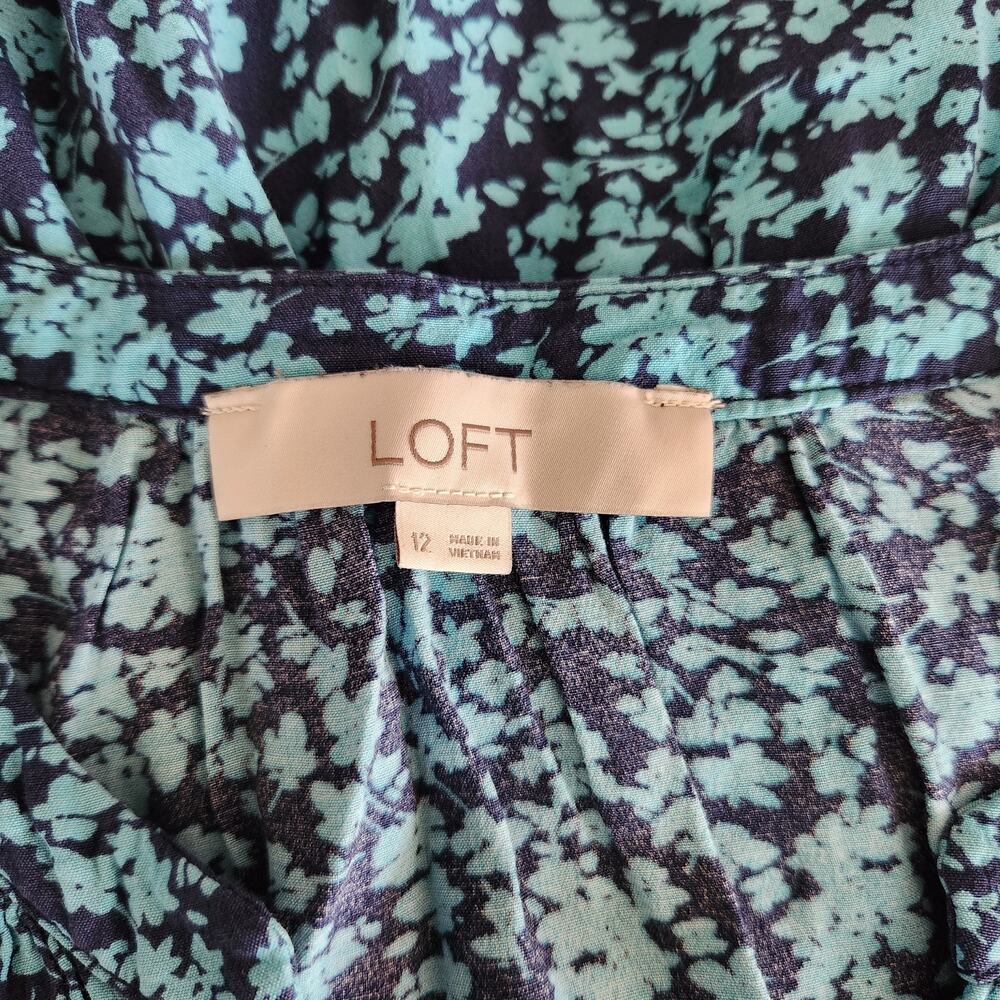 Vintage LOFT Blue Floral Long Sleeve Button Down A-Line Midi Dress L - Picture 8 of 12